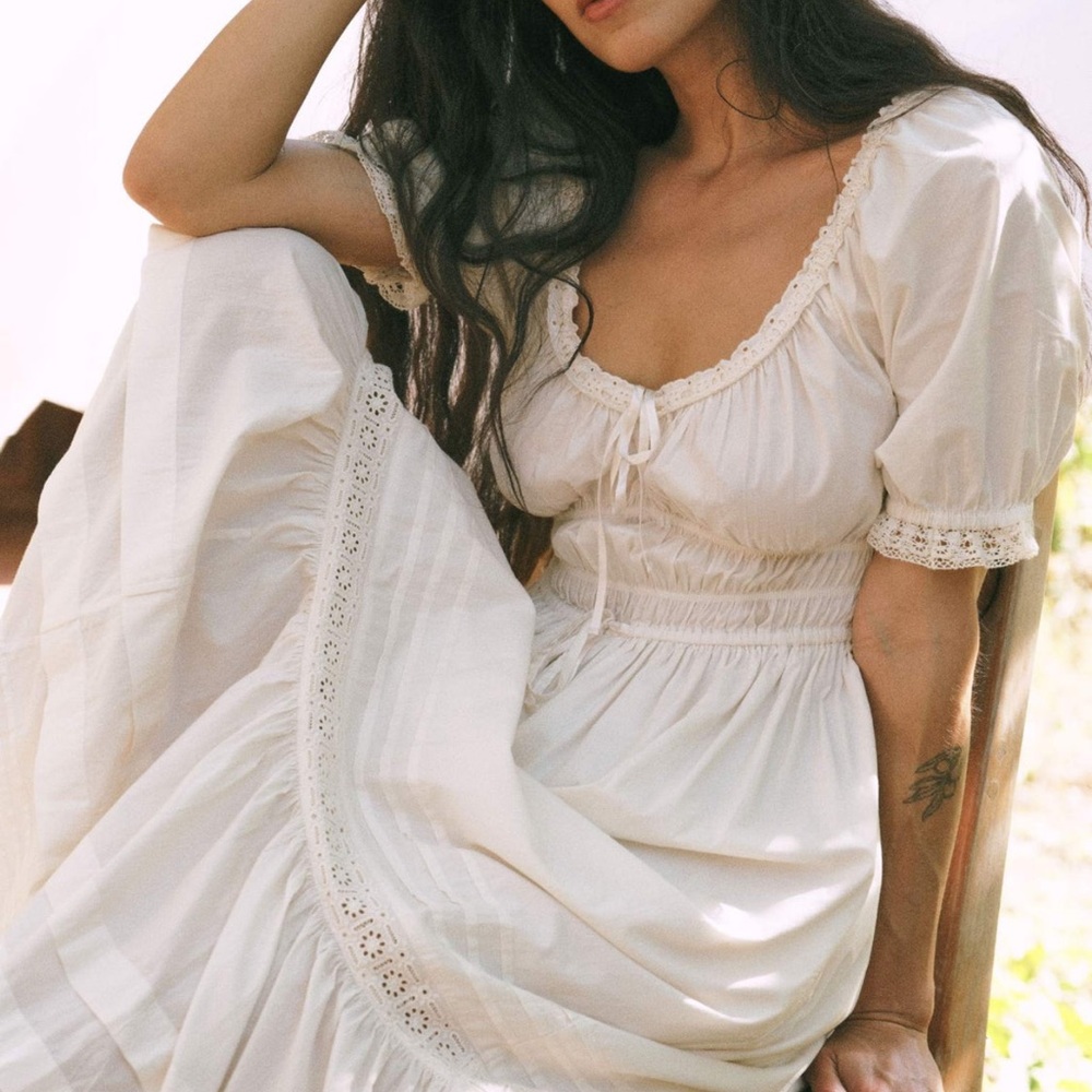 Christy Dawn Brynne Dress in Pearl; Elegant White Lace Trim Maxi Dress
